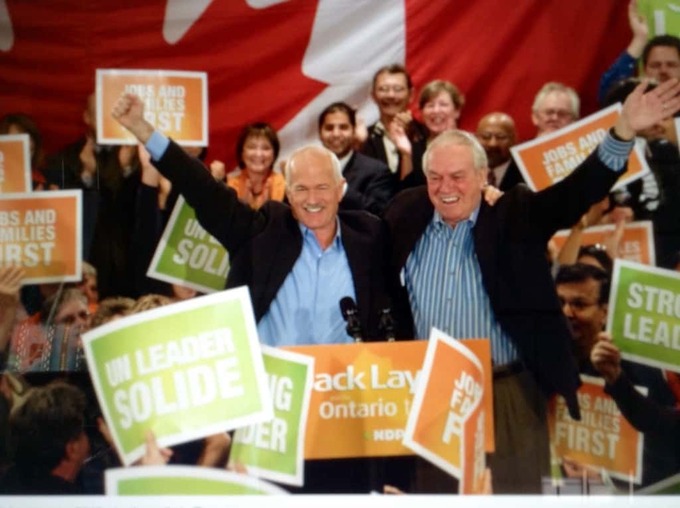Jack Layton (left) celebrating the NDP victory