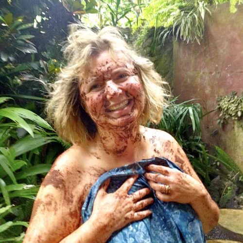 Doreen enjying a chocolate body wrap during the Puerto Viejo Chocolate Festival in Costa Rica.
